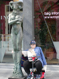 Bev with ram-woman statue