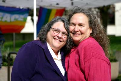 Sally (right) and her partner at a gay marriage rally